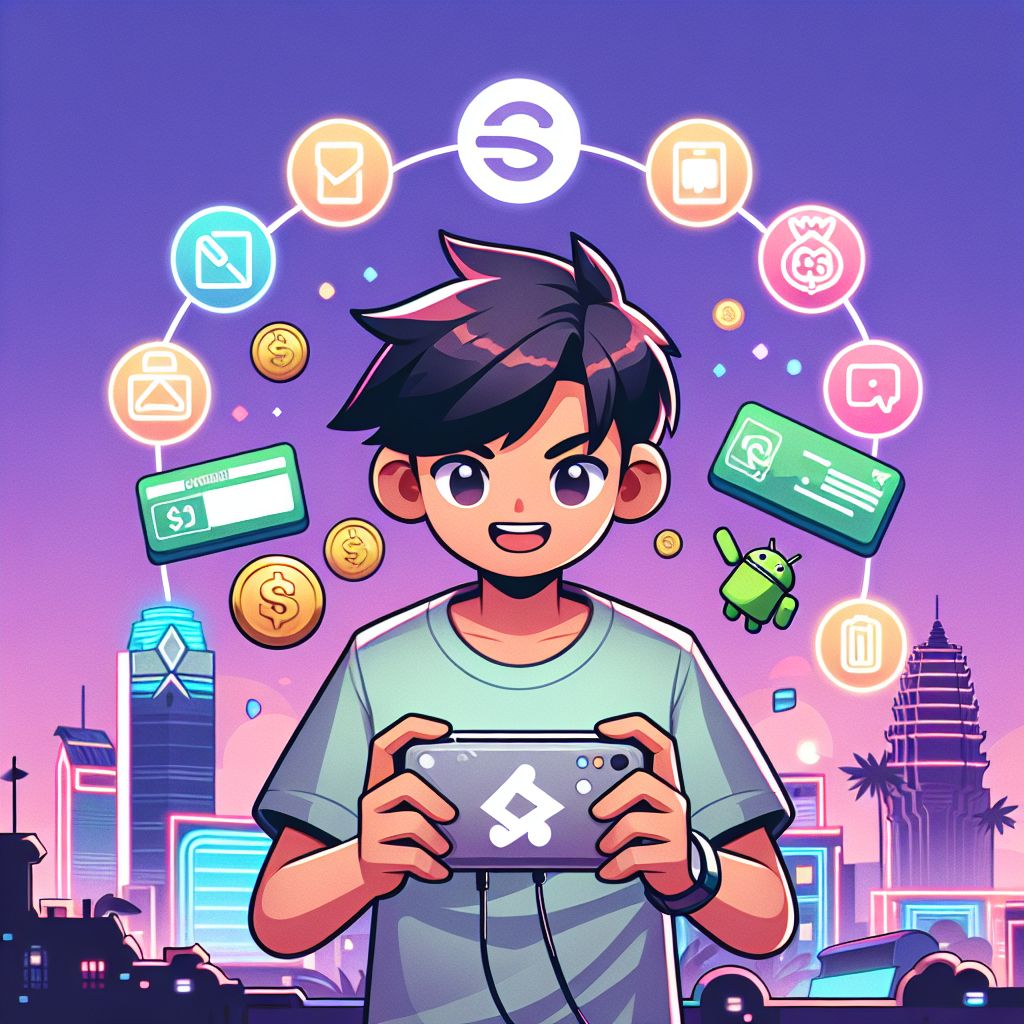Cartoon gamer holding an Android phone with cu66 app screen, city lights of Cambodia in the background