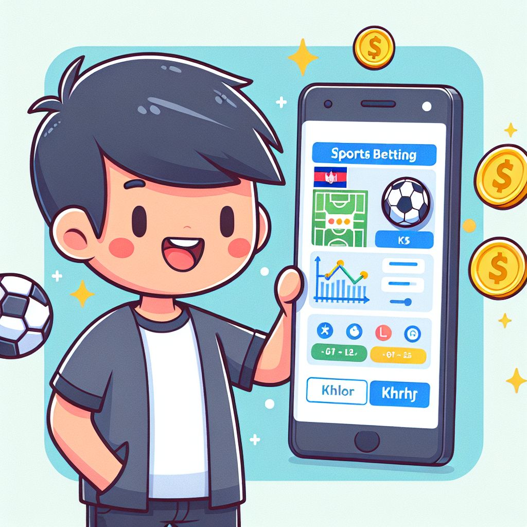 Cartoon character holding a phone with cu66 Bet screen, sports icons and KHR coins
