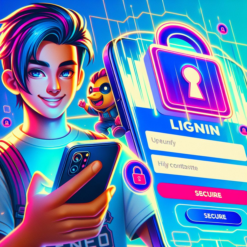 Cartoon character holding a phone with a cu66 login screen and secure lock icons
