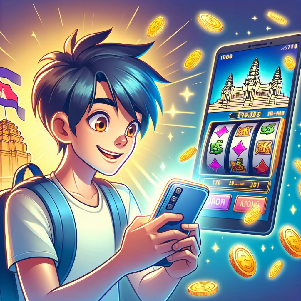 Cartoon character holding a phone with slot reels, coins, and a Phnom Penh skyline background